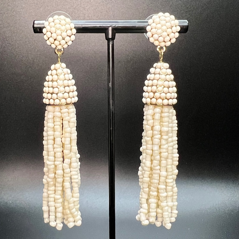Cream & Gold Beaded Tassel Earrings